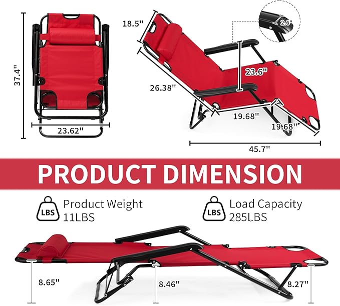Outvita Folding Chaise Lounge Chair, Outdoor Adjustable Recliner Chair with Pillow for Camping, Beach, Poolside, Garden - Photo 3