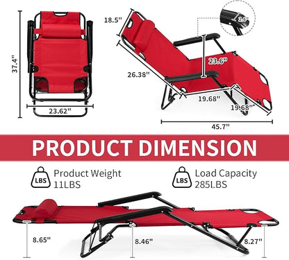 Outvita Folding Chaise Lounge Chair, Outdoor Adjustable Recliner Chair with Pillow for Camping, Beach, Poolside, Garden, Backyard, Lawn