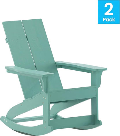 Flash Furniture Finn Modern Commercial Poly Resin Wood Adirondack Rocking Chair - All Weather Sea Foam Polystyrene - Slat Back - Stainless Steel Hardware - Set of 2
