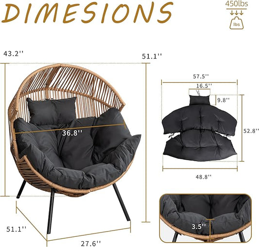 Shintenchi Wicker Egg Chair Rattan Patio Chair with Cushion,Oversized Patio Lounge Chairs with Cushion Egg Basket Chair, Egg Seat for Indoor Living Room Bedroom Outside,Grey