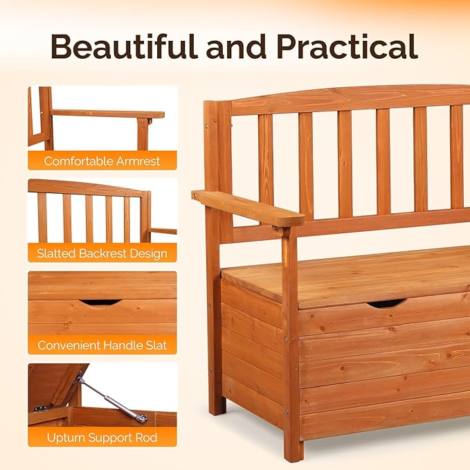 VINGLI Outdoor Storage Bench, Large Wood Deck Box with Seating, Weatherproof Outdoor Bench with Storage Loveseat - Photo 4