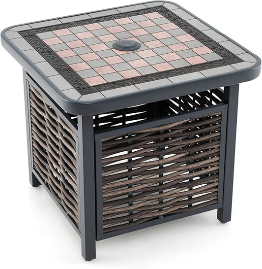 Tangkula 21.5 Inches Outdoor PE Rattan Side Table, All Weather Patio Square End Table with Resin Tabletop, Umbrella Hole, Metal Frame, Outdoor Coffee Table for Garden, Backyard, Balcony, Poolside