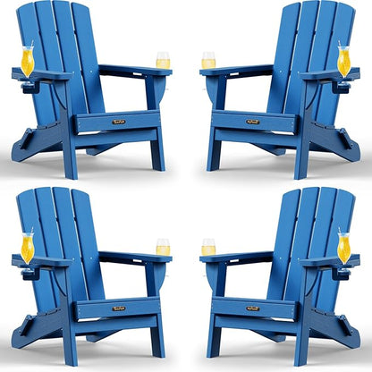 Folding Adirondack Chair 4 Pack, HDPE All-Weather Fire Pit Chairs, Plastic Adirondack Chairs with 2 Cup Holder, Outdoor Lawn Chair for Patio Garden (Royal Blue)