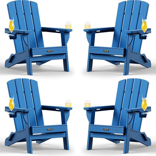 Folding Adirondack Chair 4 Pack, HDPE All-Weather Fire Pit Chairs, Plastic Adirondack Chairs with 2 Cup Holder, Outdoor Lawn Chair for Patio Garden (Royal Blue)