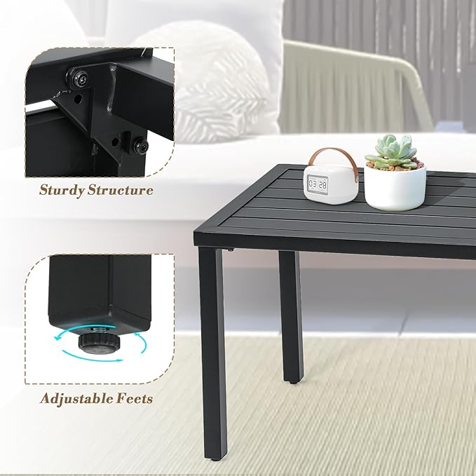 Athena Collection Small Outdoor Patio Coffee Table, 20 x 35 Retangular Metal Outdoor Patio End Table with Slatted Tabletop Waterproof for Indoor, Outside, Bistro, Balcony, Garden, Black