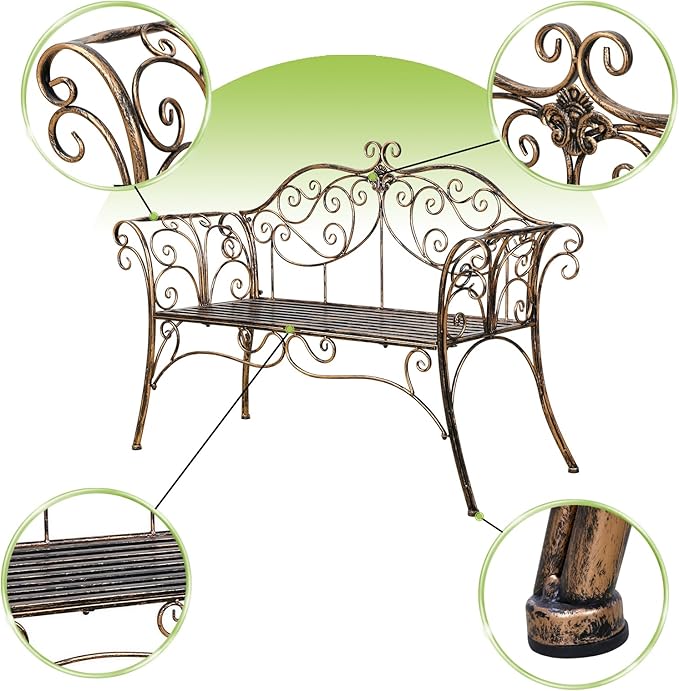 52 in Garden Bench,Cast Iron Outdoor Benches Metal Frame Patio Park Bench for Outside, Front Porch, Park, Lawn, Yard,Backyard and Balcony, Bronze