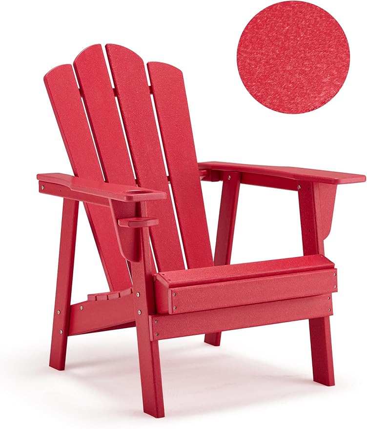 Adirondack Chair - Durable HDPE Poly Lumber All-Weather Resistant, Oversized Balcony Porch Patio Outdoor Chair for Lawn, Backyard, Deck, Garden, Camping - Easy Installation, Red