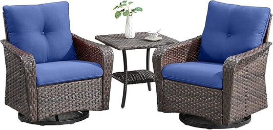 Rilyson Outdoor Patio Swivel Rocker Chairs - 3 PC Wicker Patio Bistro Sets with High Back,Comfy Cushions, Deep Seating and Side Table for Porch Deck Backyard Garden(Brown/Blue)