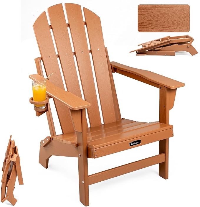 FUNBERRY Folding Adirondack Chair, HDPE Stable Gun-Leg Design Fire Pit Chairs with Cupholder All Weather for Outside