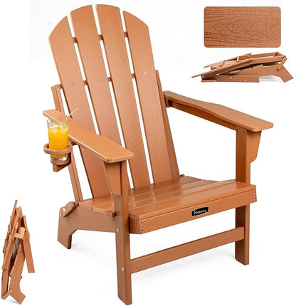 FUNBERRY Folding Adirondack Chair, HDPE Stable Gun-Leg Design Fire Pit Chairs with Cupholder All Weather for Outside