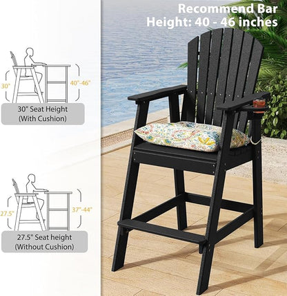 Sundale Outdoor Tall Adirondack Chairs Set of 2, 30 Inch Seat Height Patio Adirondack Bar Stools, HDPE Pub Chairs with Backrest, Tall Bistro Dining Counter Stool with Cushion, All-Weather, Black
