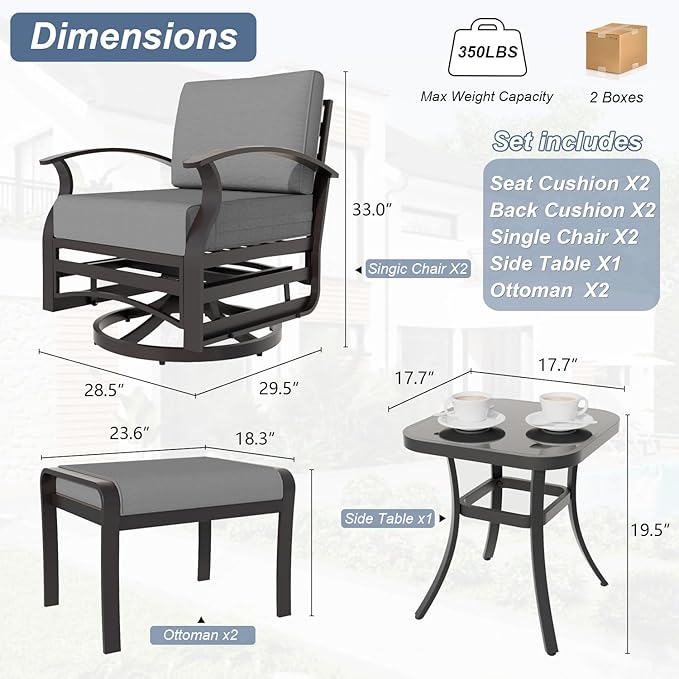 Kurapika 5 Pieces Patio Furniture Set, Outdoor Aluminum Rocking Chair, Patio Bistro Set Swivel Gliders Rocker with Thickened Cushions and Side Table(Grey)