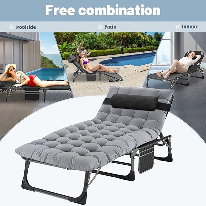 Slsy Folding Lounge Chairs Outdoor, Adjustable Sleeping Cot Chair, Portable Folding Bed Cot Chaise Lounge Chairs for Outside Beach Lawn Camping Pool Sun Tanning