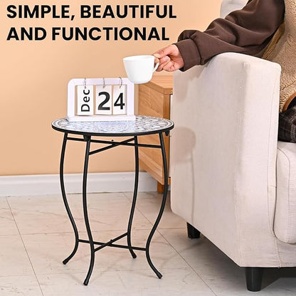 Round Side Table, 14” Patio Accent Weather Resistant Metal Side Table for Livingroom Patio Balcony Yard Porch Garden, Indoor Outdoor Small Plant Stand