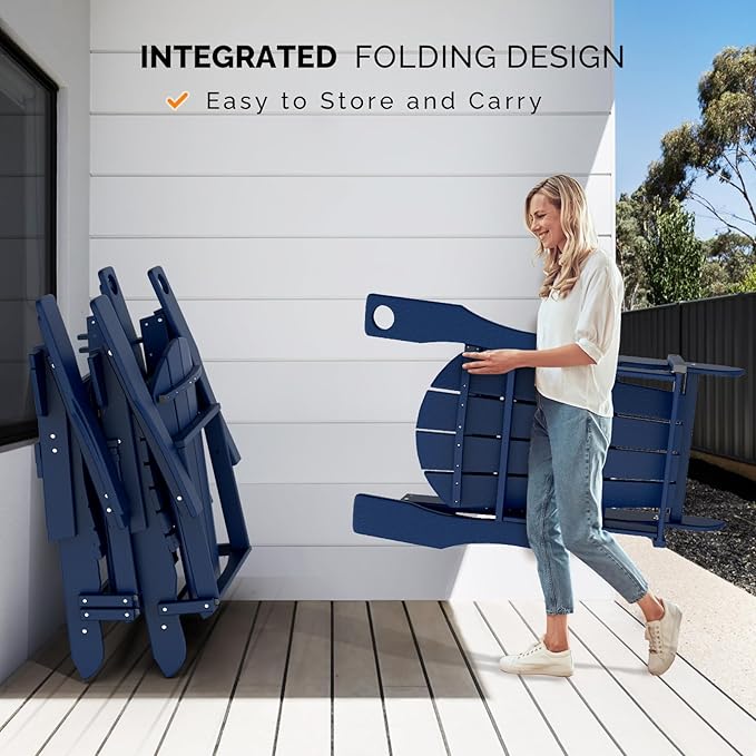 VINGLI Plastic Adirondack Chairs Set of 4, Folding with Cup Holder, Waterproof HDPE Material, Comfortable 380lb Weight Capacity for Outdoor Pool Patio Lounge Chair Lawn Furniture Firepit (Navy Blue)
