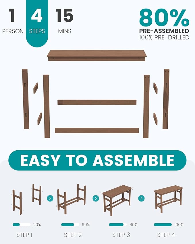 SERWALL 41" Outdoor Bar Table, All Weather HDPE Patio Bar Counter Height Table, Rectangle Patio Bar Table for Outside - Photo 7