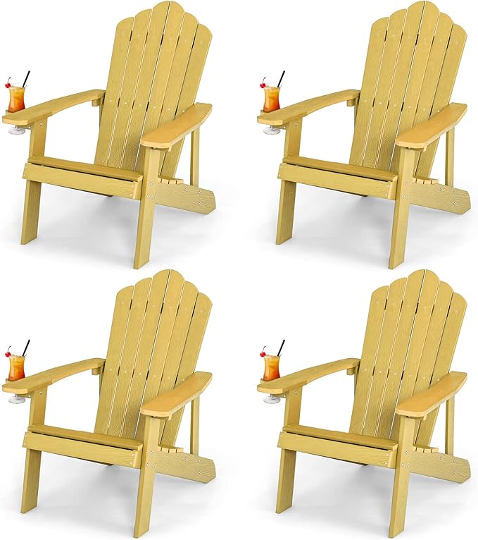 Giantex Outdoor Adirondack Chair - Oversized Patio Chairs w/Hidden Cup Holder, Realistic Wood Grain, 380 LBS Weight Capacity, Weather Resistant Firepit Chairs for Backyard, Garden (4, Yellow)