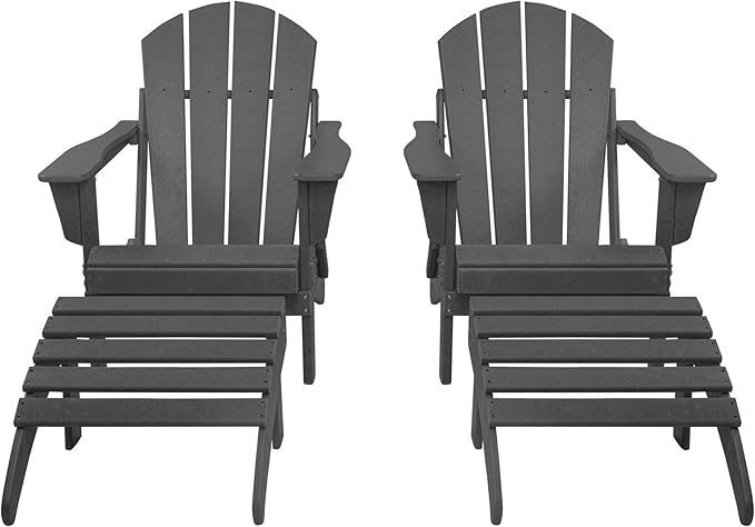 WestinTrends Malibu Outdoor Lounge Chair Set, 4-Pieces Adirondack Chair Set of 2 with Ottoman, All Weather Poly Lumber Patio Lawn Folding Chair for Outside Pool Beach, Gray