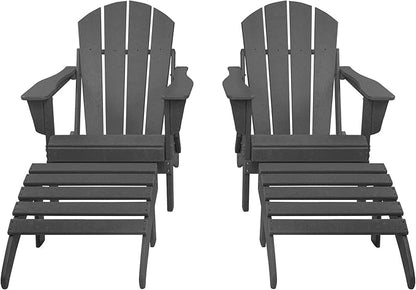 WestinTrends Malibu Outdoor Lounge Chair Set, 4-Pieces Adirondack Chair Set of 2 with Ottoman, All Weather Poly Lumber Patio Lawn Folding Chair for Outside Pool Beach, Gray