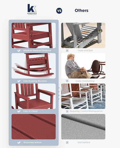 KINGYES Outdoor Rocking Chair Set of 2, HDPE Patio Rocking Chairs with 330lbs Support for Adults, Dark Red