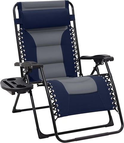 JEAREY Oversized Padded Zero Gravity Chairs, Folding Lounge Chair Outdoor Patio Recliner, Anti Gravity Chair for Backyard with Headrest, Cup Holder, Side Tray, Polyester Mesh - Navy/Gray