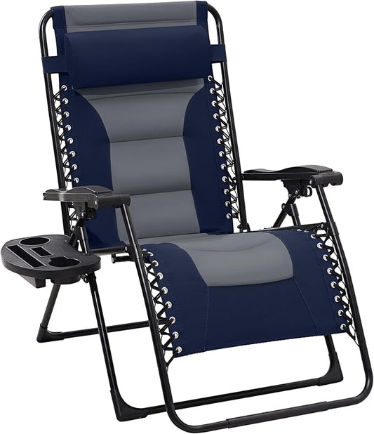 JEAREY Oversized Padded Zero Gravity Chairs, Folding Lounge Chair Outdoor Patio Recliner, Anti Gravity Chair for Backyard with Headrest, Cup Holder, Side Tray, Polyester Mesh - Navy/Gray