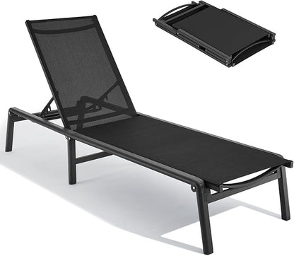 ONBRILL Aluminum Chaise Lounge Chair Outdoor, Foldable & Assembly Free Outdoor Lounge Chair with 5 Position Adjustable Backrest, Patio Pool Lounge Chairs for Outside Poolside Beach Lawn, 1PC, Black