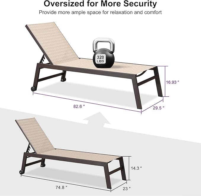 PURPLE LEAF 82.6" Overside Outdoor Chaise Lounge 4 Pieces Adjustable Patio Lounge Chairs with Sturdy Aluminum Frame, Waterproof Chaise Lounge Chair for Outdoor Pool Lawn Backyard, Light Tan