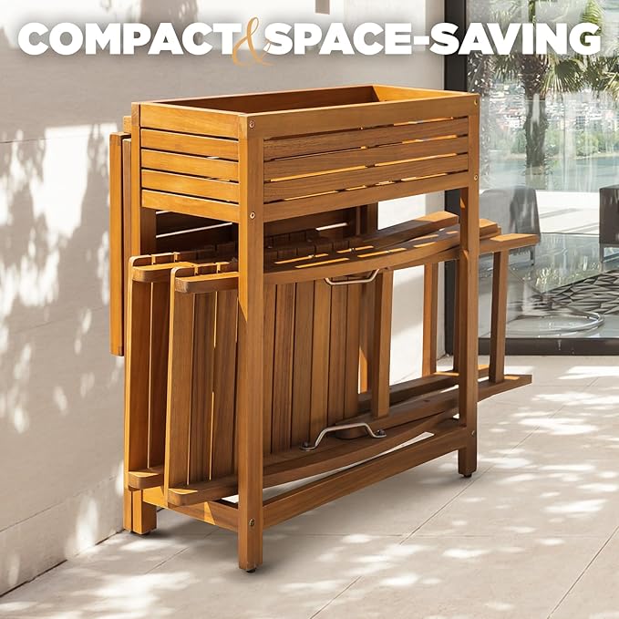 IDZO Natural 3-Piece Bistro Set: Foldable 400lbs Chairs, 220lbs Shelf Table, FSC Acacia Wood, Washable Cushions - Photo 4