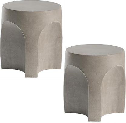 SUNBURY Outdoor Side Tables for Patio Set of 2, Concrete Accent End Table, Indoor Small Round Patio End Table, Garden Stools for Yard, Arch Shape Cement Color