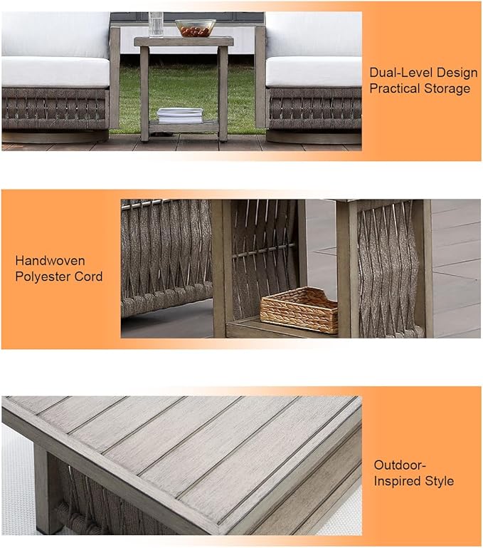 Outdoor Side Table, Aluminum Square Patio Side Table, 2-Tier Rope Weave Outdoor End Table with Adjustable Legs - Photo 7