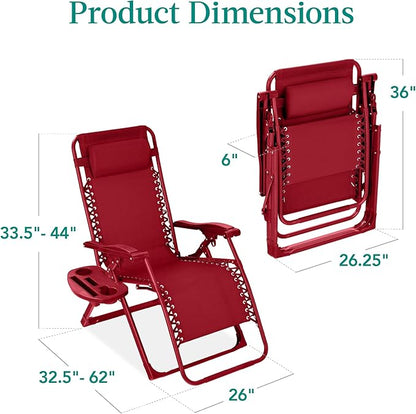 Best Choice Products Adjustable Zero Gravity Chair, Monochromatic Color Folding Patio Recliner w/Side Tray, Headrest - Ruby
