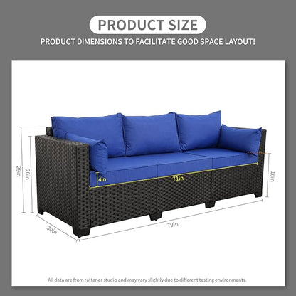 3-Seat Patio PE Wicker Sofa, Outdoor Rattan Couch Furniture Steel Frame with Furniture Cover and Deep Seat High Back, Royal Blue Anti-Slip Cushion