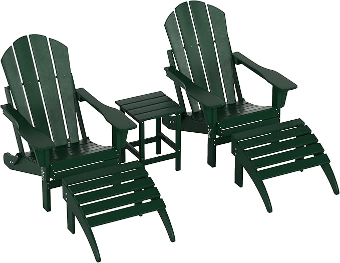 WestinTrends Malibu Outdoor Lounge Chairs Set, 5-Pieces Adirondack Chair Set of 2 with Ottoman and Side Table, All Weather Poly Lumber Patio Lawn Folding Chair for Outside, Dark Green