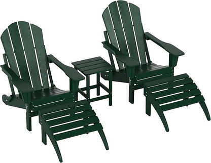 WestinTrends Malibu Outdoor Lounge Chairs Set, 5-Pieces Adirondack Chair Set of 2 with Ottoman and Side Table, All Weather Poly Lumber Patio Lawn Folding Chair for Outside, Dark Green