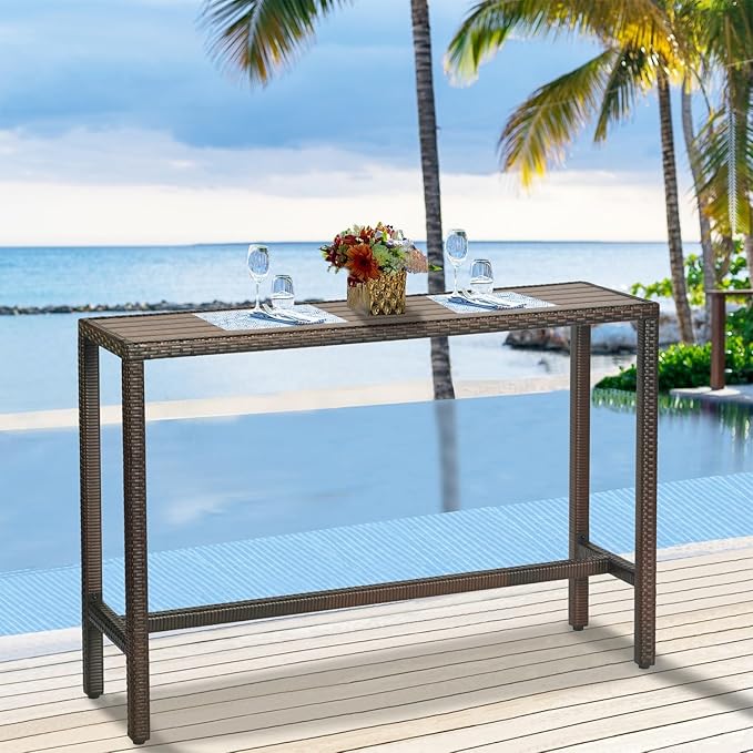 Outdoor Bar Table Patio Bar Height 55" Long Outdoor Console Table Hot Tub Tall Wicker High Top Pub Serving Table Narrow - Photo 1