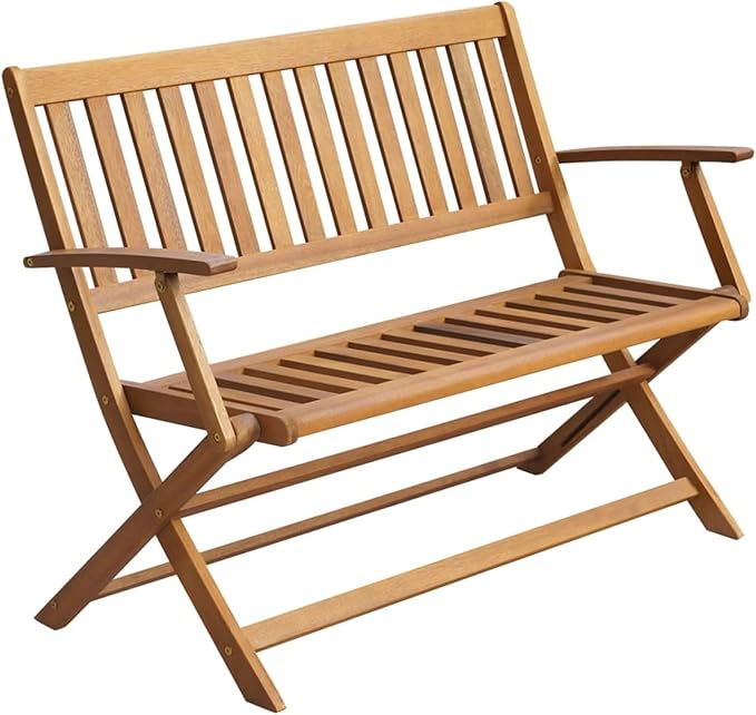 Patio Bench Outdoor Patio Bench Wood Garden Folding Bench with Armrests, Cushion 47.2" Solid Acacia Wood