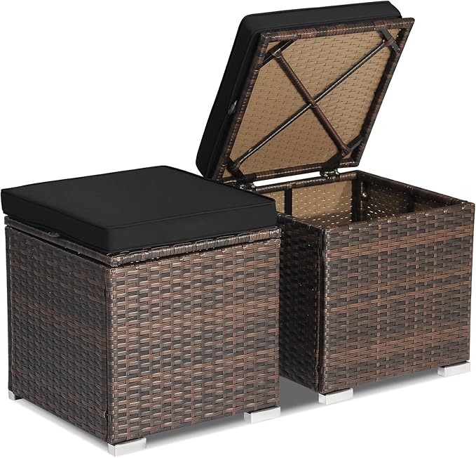 Tangkula 2 Pieces Patio Ottomans, Patiojoy Hand-Woven PE Rattan Side Table with Removable Cushion & Hidden Storage Space - Photo 1