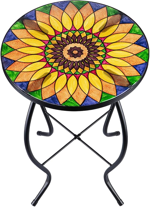 VCUTEKA Sunflower Outdoor Side Table, Mosaic Design, Small Glass Top, Round, Patio Side Table, Balcony Coffee Table - Photo 1