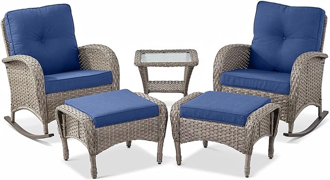 Belord 5 Piece Patio Rocking Chairs Furniture Set - Outdoor Wicker Furniture with Ottomans and Side Table - Photo 2