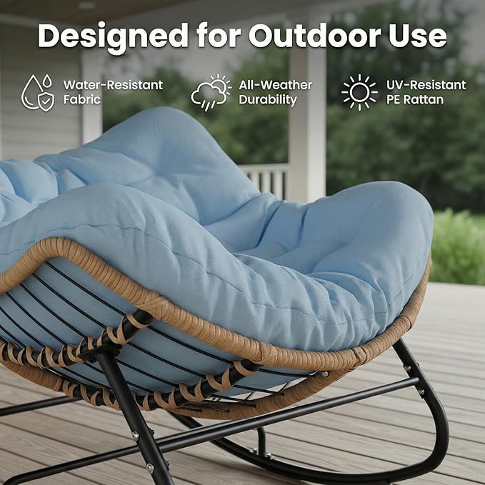 SWITTE Outdoor Rocking Chair, Oversized Patio Papasan Rocker, Comfy Wicker Reading Lounge, Indoor Egg Chair for Bedroom, Living Room, Porch, Garden, Lawn-Light Blue