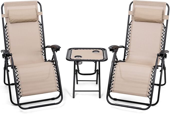 Giantex 3 PCS Zero Gravity Chair Patio Chaise Lounge Chairs Outdoor Yard Pool Recliner Folding Lounge Table Chair Set Backyard Lounge Chairs (Beige)