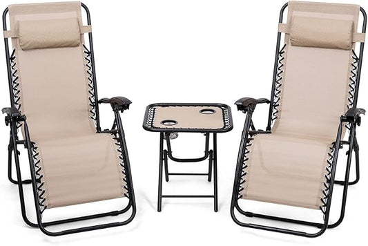 Giantex 3 PCS Zero Gravity Chair Patio Chaise Lounge Chairs Outdoor Yard Pool Recliner Folding Lounge Table Chair Set Backyard Lounge Chairs (Beige)