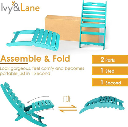 IVY&LANE Portable Xavier-Chairs Set of 2 | Folding-Adirondack-Chair | Wave | HDPE Plastic | Aqua | All-Weather Resistant | for Outdoor Fire-Pit Patio Lawn Beach Poolside