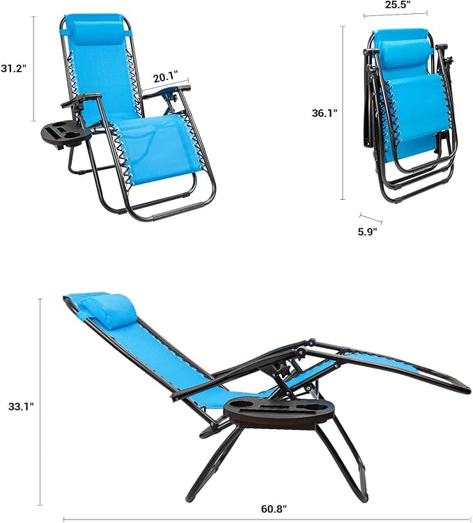 Kemon Zero Gravity Folding Lounge Outdoor Patio Adjustable Reclining Chair with Pillows and Cup Holders for Beach Set of 2, Blue, KM-CLB