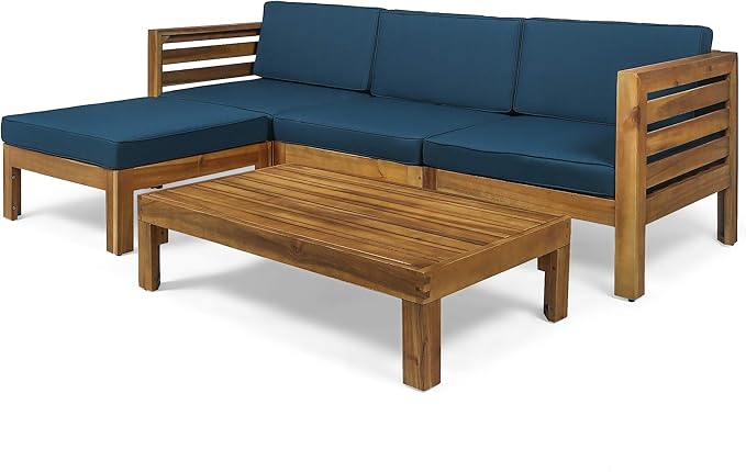 Christopher Knight Home Alice Outdoor 5 Piece Acacia Wood Sofa Set, Teak Finish, Dark Teal - Photo 1