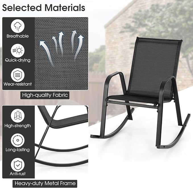 Giantex Outdoor Rocking Chairs Set of 2, Patio Rocking Chairs w/Breathable Seat & Back, Heavy-Duty Metal Support, Ergonomic Outside Rocker for Backyard, Poolside, Garden (1, Black)
