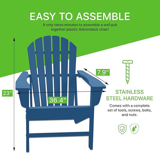 NewTechWood Atlantic Classic Curveback Plastic Weather Resistant Patio Adirondack Chair, Easy Installation, Widely Used in Outdoor, Fire Pit, Deck, Lawn, Outside, Garden Chairs (Royal)