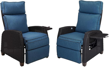 Grand patio Outdoor Reclining Chairs with Extended Footrest 2-Piece Adjustable Patio Wicker Lounge Recliner up to 150° with Flip Side Table Peacock Blue