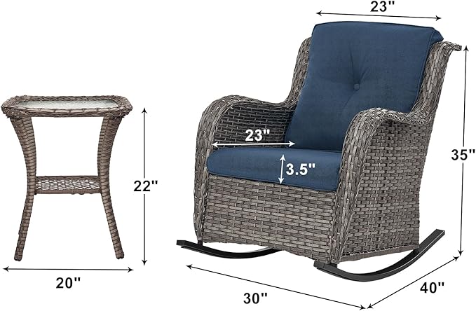 Rilyson Patio Chairs Outdoor Rocking Chair - 3 Piece Wicker Patio Bistro Set Rattan Patio Furniture Rocker Chairs and Side Table for Porch Deck Backyard Garden(Mixed Grey/Blue)